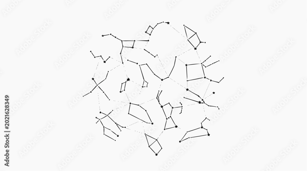 Fototapeta premium Abstract constellation patterns with stars and dotted lines on a white background