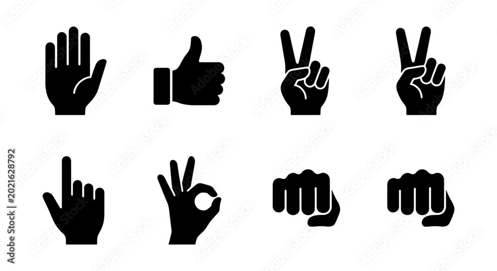 Obraz premium Hand Gestures Icons Set: Thumbs Up, Peace, OK, Fist, Point