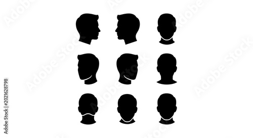 Human Head Silhouettes, Profile Views, Diverse Angles, Vector Icons