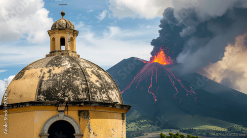 Cinematic close-up of a mustard-yellow church dome with a powerful volcano erupting in the background, dramatic historic landscape concept, AI generated