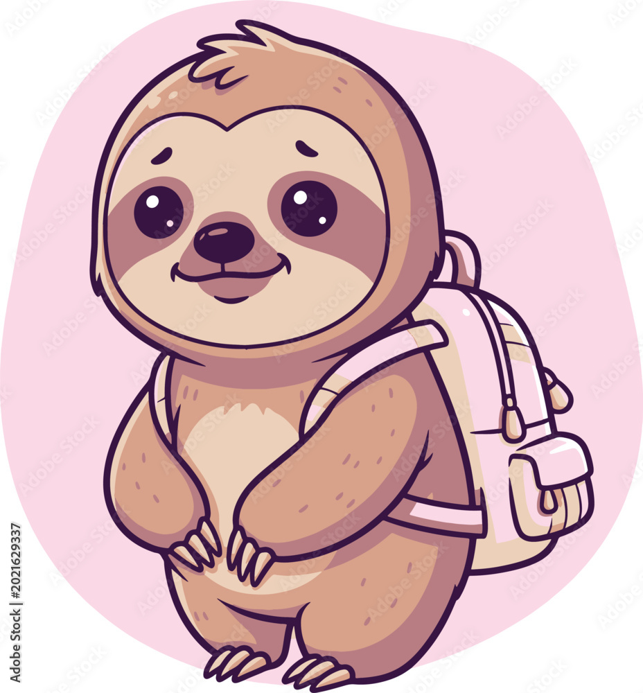 Obraz premium A cute cartoon sloth with big eyes and a friendly smile, wearing a light-colored backpack.