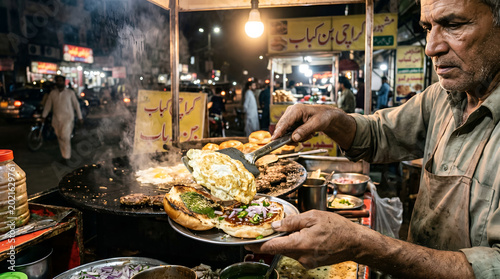 Street food vendor preparing a traditional bun kebab in karachi, pakistan