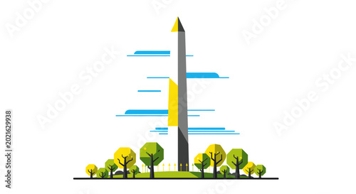 Bild auf Leinwand Washington Monument Illustration, Geometric Trees, Blue Sky, Flat Design