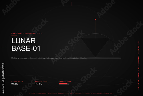 Schilderij op canvas Futuristic lunar base UI dashboard, dark sci-fi space station interface, minimal