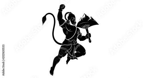 Schilderij op canvas Hanuman silhouette, hindu god, warrior, flying, holding mountain and mace