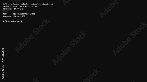 IT administrator using nslookup in Windows command prompt to resolve server domain names