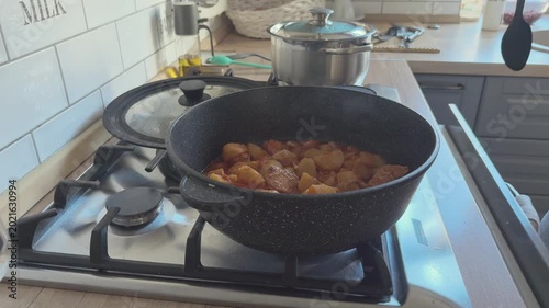 Vegetable stew boiling in pan on gas stove cooking healthy homemade meal. 