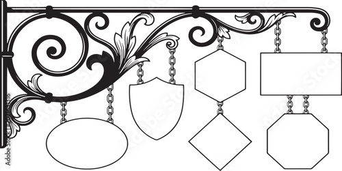 Bild auf Leinwand Vintage Sign Display: An ornate, decorative wrought iron sign bracket holds an array of blank, uniquely shaped signs, hinting at a classic aesthetic