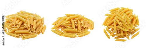 Bild auf Leinwand Heap of Uncooked Italian Penne Pasta, Dried Durum Wheat Flour Macaroni Slices, T