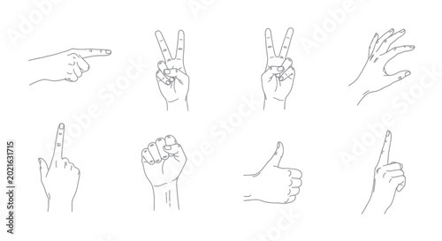 Set of Hand Gestures Line Art Icons: Pointing, Peace, OK, Grab, Fist, Thumbs Up