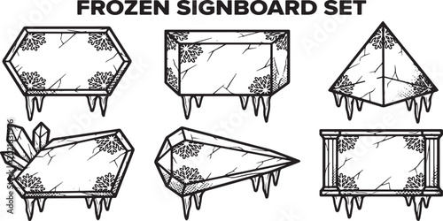 Schilderij op canvas Frozen Signboard Set: A collection of various frozen signboards, each uniquely shaped and adorned with intricate designs, ready to add a touch of icy charm to any project
