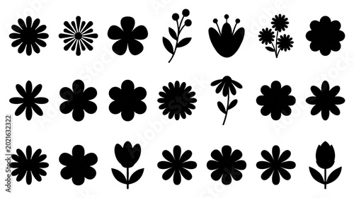 Obraz na plátně Set of various black flower silhouettes with different shapes and designs on tra