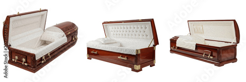 Photography Open wooden coffin casket premium PNG stock photo, realistic classic timber fune