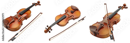 Tableau sur toile Classical wooden violin with bow musical premium PNG stock photo, realistic orch