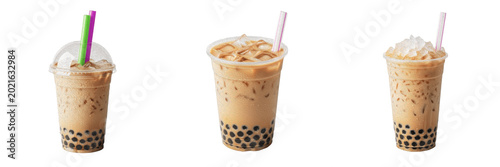 Fotografie Iced boba milk tea tapioca pearls premium PNG stock photo, realistic sweet bubbl