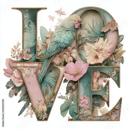 Romantic love theme for Valentines Day. A vibrant and detailed illustration of a parrot perched atop the word LOVE, surrounded by a variety of flowers and leaves.
