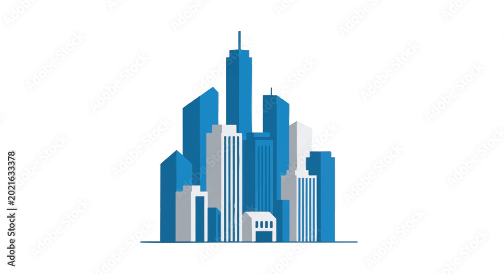 Fototapeta premium Modern Flat Vector City Skyline Icon with Blue and Grey Skyscrapers for Corporate Business, Real Estate, and Urban Development Design