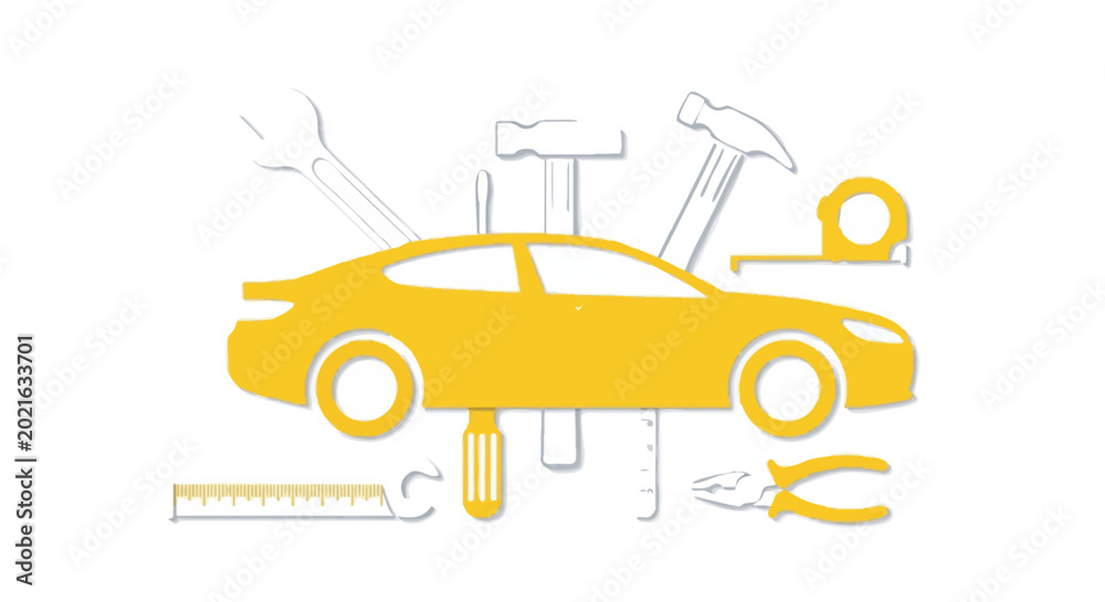Fototapeta premium Yellow Automobile Silhouette with Repair Tools Concept - Car Maintenance, Auto Service, and Mechanic Workshop Icon on White Background