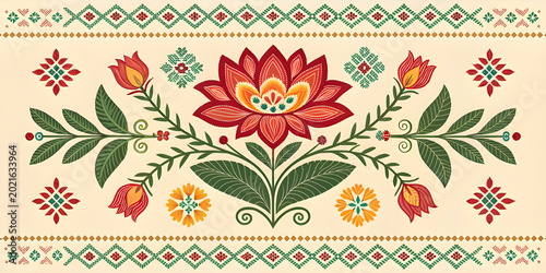 flower embroidery on cream background. ikat and cross stitch geometric seamless pattern ethnic oriental traditional. Aztec style illustration design for carpet, wallpaper, clothing, wrapping, batik.