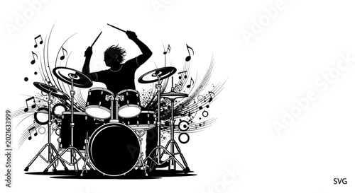 Cuadro en lienzo Drummer Silhouette Playing Drums with Musical Notes and Swirls