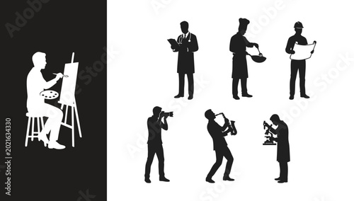 Diverse Professional Silhouettes Artists, Chefs, Musicians, Photographers, and Engineers Depicted in Minimalist Style