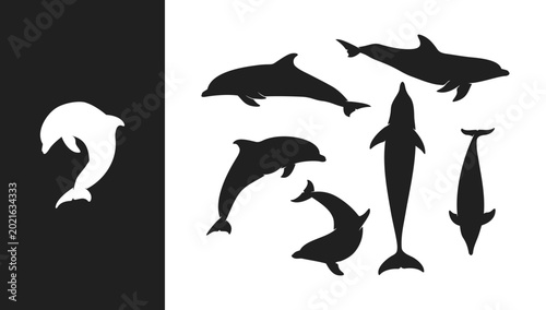 Set of black and white dolphin silhouettes for graphic design elements and logos