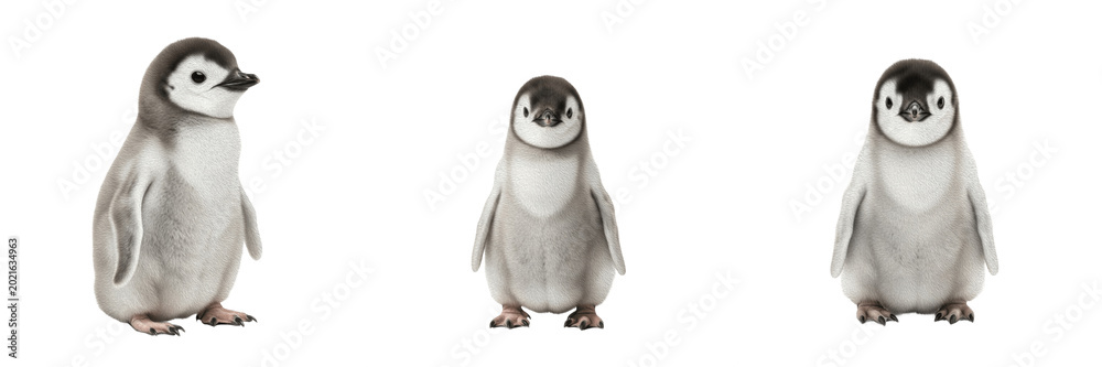 Obraz premium Isolated Cute Baby Penguin Chick Fluffy Down Feathers Antarctic Bird Figure on Plain White Background as High Quality Cutout PNG Set Asset File