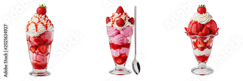Fotografía Isolated Delicious Strawberry Ice Cream Sundae Parfait in Glass with Spoon Layer