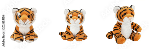 Obraz na płótnie Isolated Cute Sitting Plush Tiger Toy Fluffy Stuffed Wild Animal Character on Pl