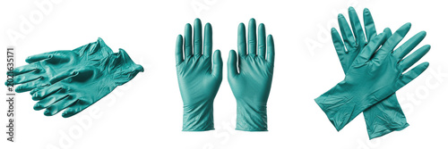 Isolated Pair of Teal Rubber Medical Gloves Protective Surgical Handwear Safety Equipment on Plain White Background as High Quality Cutout PNG Set Asset File