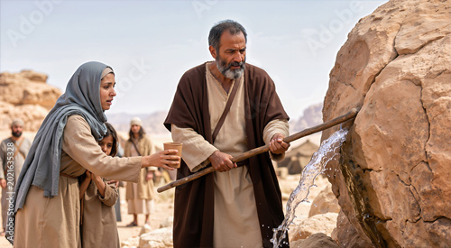Moses striking a rock to bring forth water in the desert. Biblical miracle of provision for the thirsty Israelites. Prophet with staff and woman with clay cup