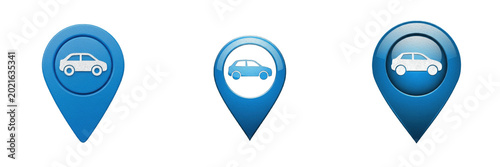 Isolated Blue Map Pin Pointer Icon Location Marker Sign with Car Vehicle Symbol on Plain White Background as High Quality Cutout PNG Set Asset File