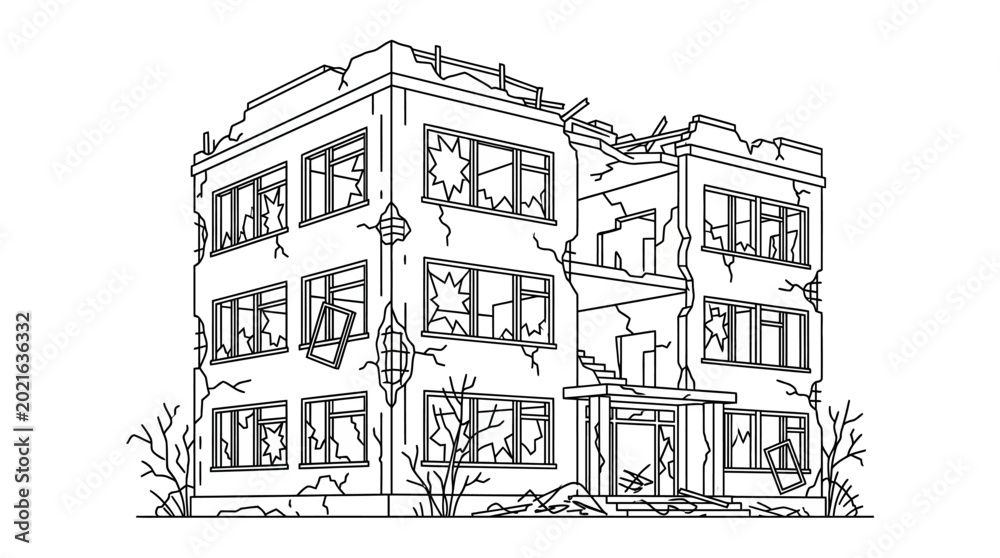 Naklejka premium Damaged Building Facade Drawing.