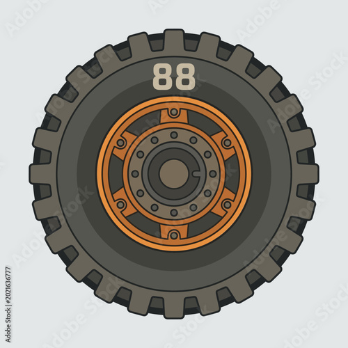 Heavy Duty Off-Road Tire Illustration with Orange Rim and Number 88, Vector Graphic of Rugged Monster Truck or Tractor Wheel for Industrial and Racing Design