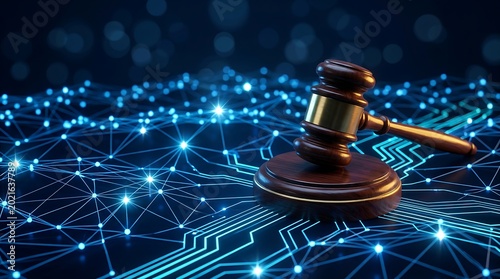 Palu Hakim Digital Melambangkan Keadilan Teknologi dan Hukum Siber yang Terhubung Global