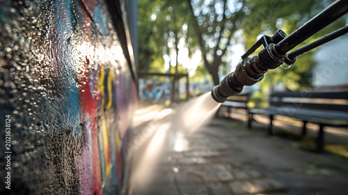 Pressure washer cleaning graffiti from a dark gray wall, revealing vibrant colors, with a sunlit park in the background.