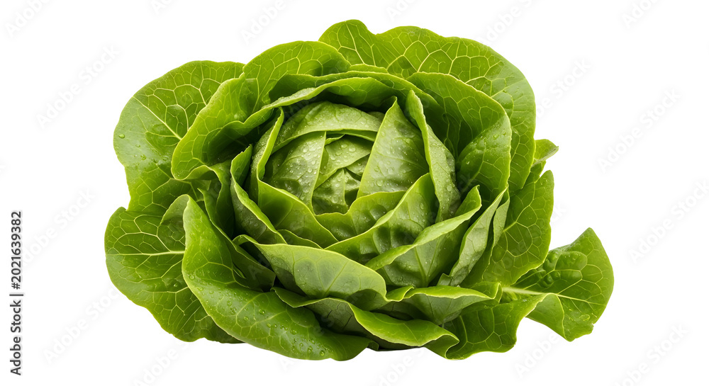 Fototapeta premium Fresh green butterhead lettuce head, organic bibb lettuce vegetable isolated on white background, crisp garden salad greens for healthy cooking