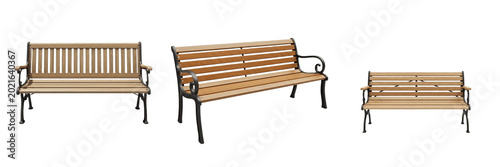Classic Wooden Park Bench Outdoor Garden Seat Furniture with Cast Iron Frame for Public Square Yard Landscape Design Element Cutout Stock Photo