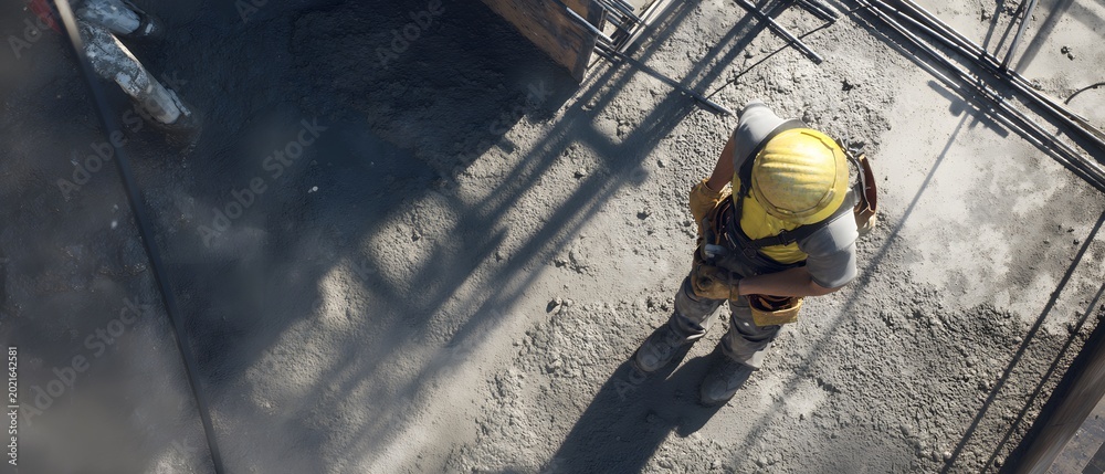 Fototapeta premium Top down perspective of a lone construction worker wearing a yellow hard hat standing on a fresh concrete slab amidst geometric shadows of steel rebar reinforcements