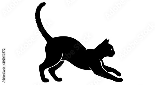 Fotografi Black Cat Silhouette Stretching on White Background
