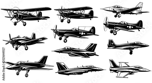 Military Aircraft and Vintage Fighter Airplane Silhouette Vector Set