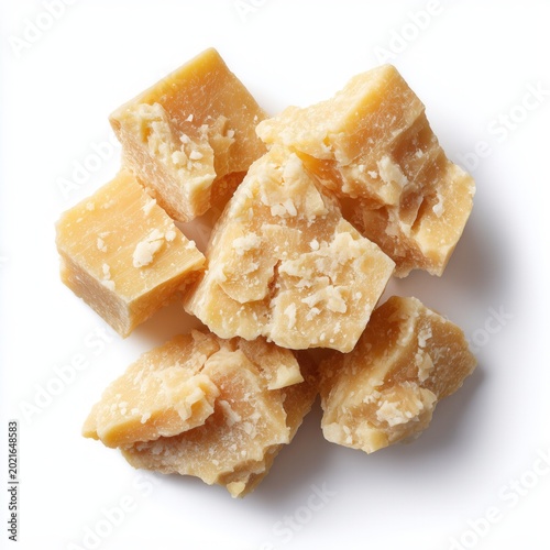 Hyper realistic top down view of parmesan cheese chunks on white background.