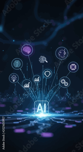 Artificial intelligence glowing icons connecting data on dark digital background