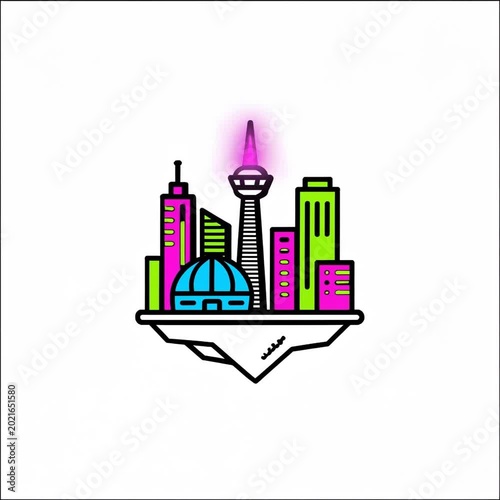 Vibrant stylized cityscape with futuristic skyscrapers and domed building on floating platform in neon-colored pop art style with abstract background