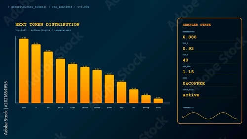 A dynamic Prompt Engineering UI displays real-time data visualization of large language model sampling parameters with glowing orange bars fluctuating across a dark digital interface screen