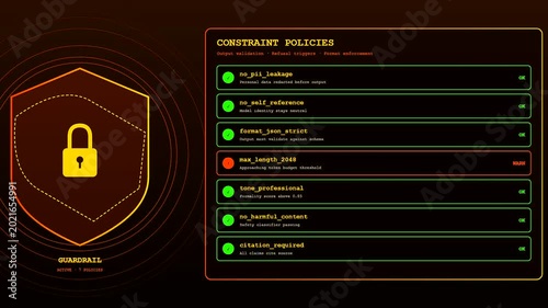 A sophisticated Prompt Engineering UI animates through security guardrail checks and constraint policies on a dark digital dashboard with glowing orange icons and green status progress