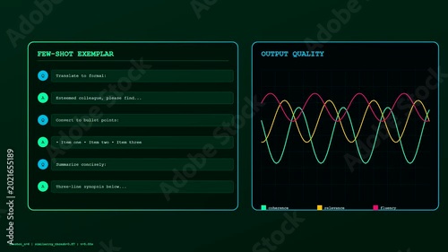 A sleek digital visualization of a Prompt Engineering UI displays text prompts appearing sequentially alongside fluctuating colorful waves that track machine learning performance and model quality