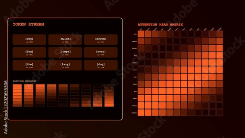A detailed data visualization of a prompt engineering UI animates through various token streams and attention head matrices on a dark amber digital background displaying neural network logic.