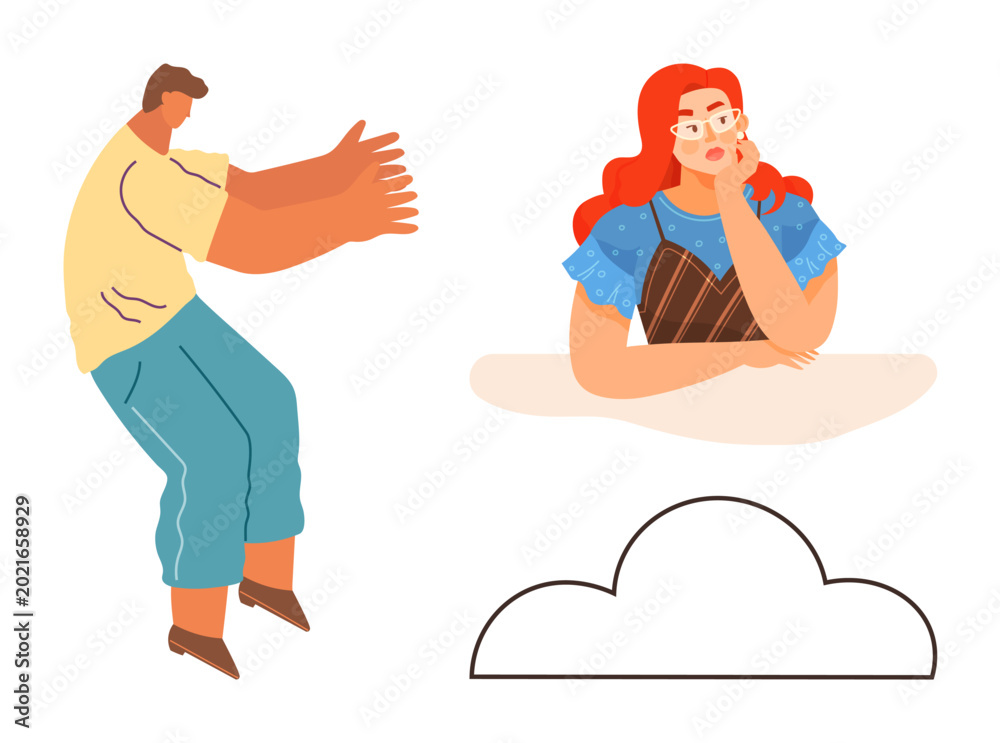 Fototapeta premium Thought, introspection, imagination, mental health, emotions, creativity. a man reaching forward, a woman pondering with hand on her face abstract cloud below. Introspection and imagination concept