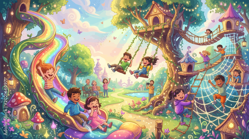 Obraz premium Whimsical fantasy playground with children playing on slides, swings, and treehouses in a magical forest setting.